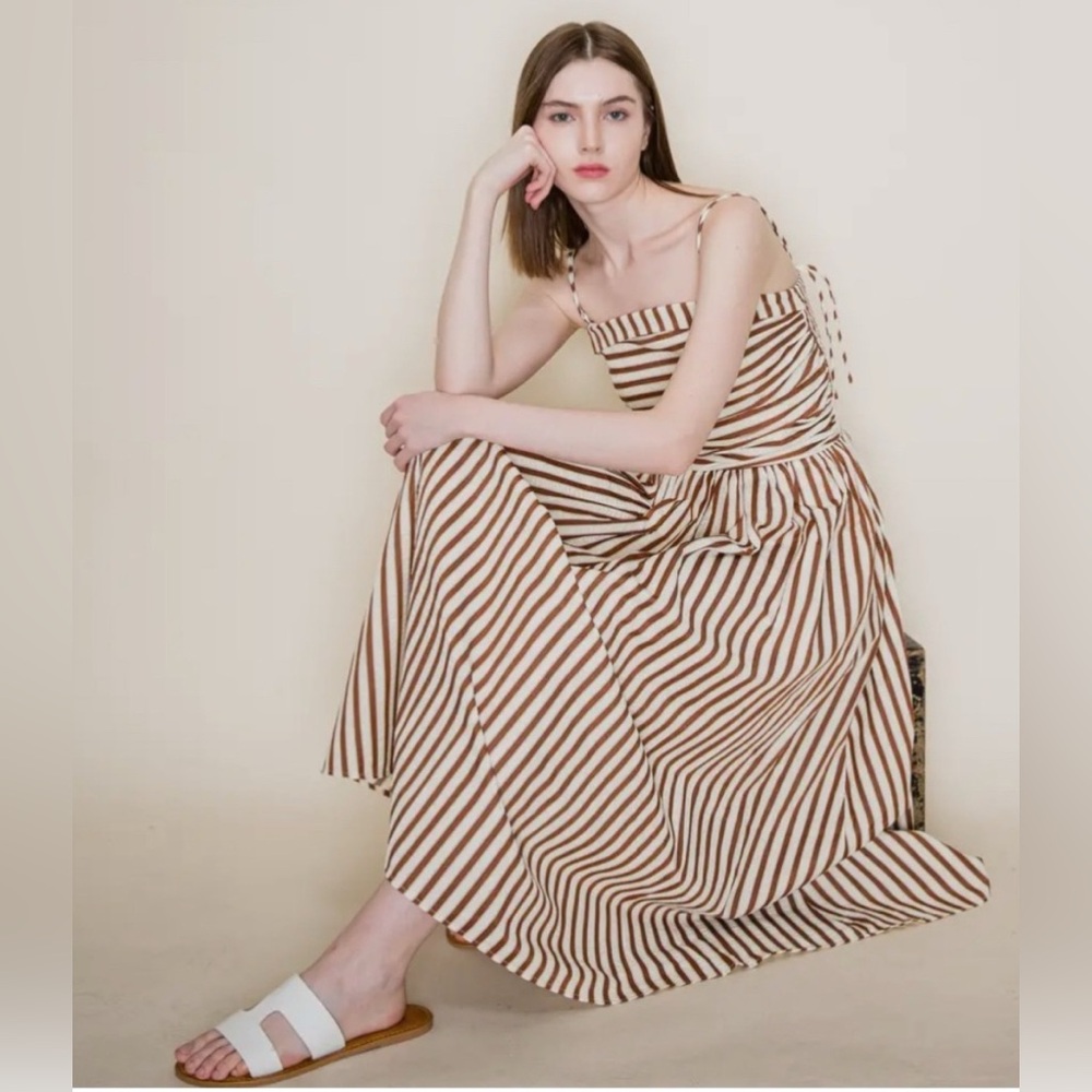 Suzanne Striped Maxi Spaghetti Tie Strap Pockets Dress Brown